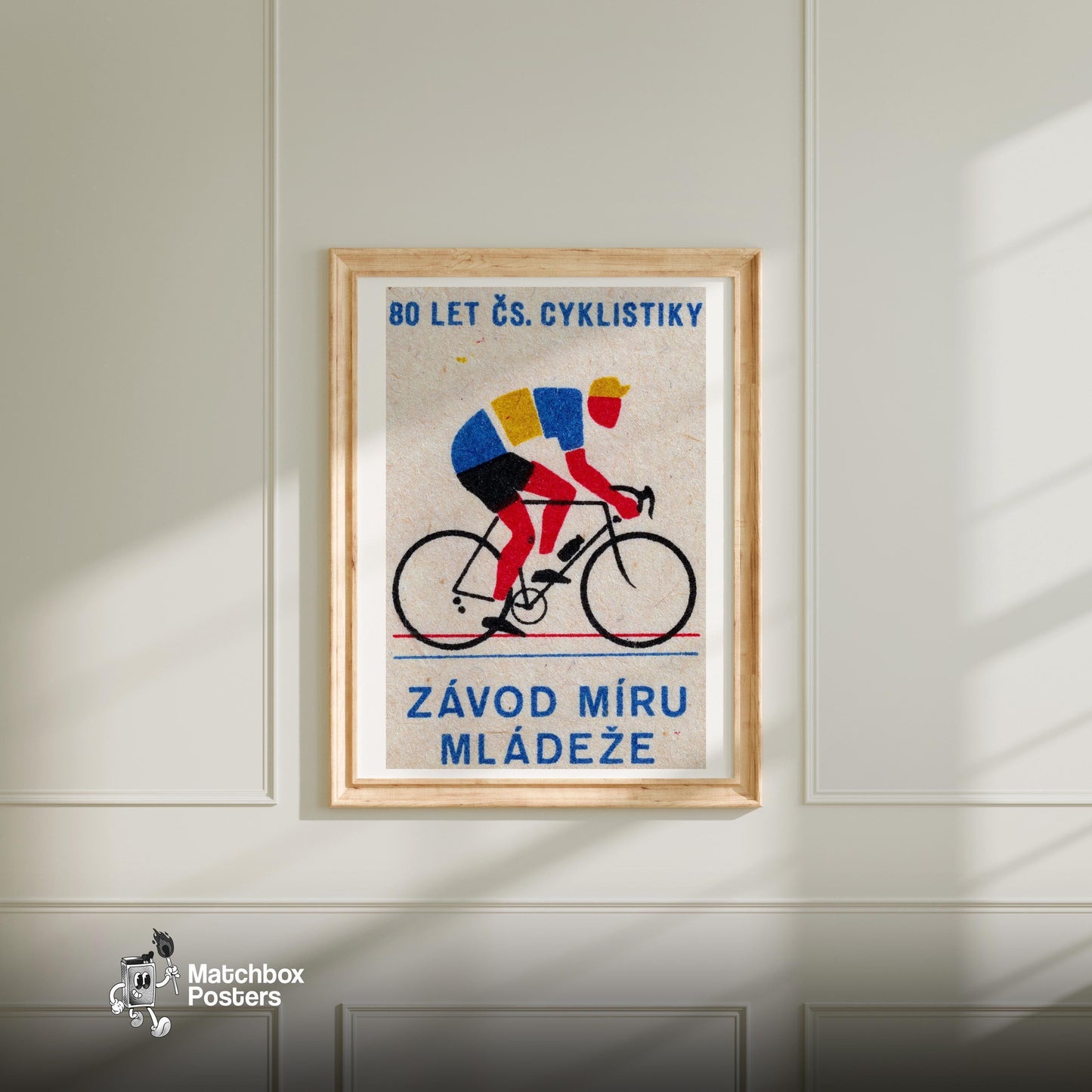 Cyclist - vintage matchbox label print - bedroom mockup