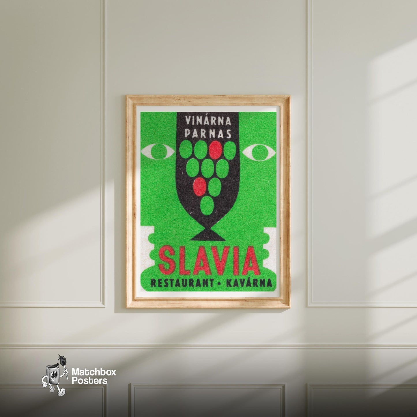 Slavia Restaurant Cafe - vintage matchbox label print - bedroom mockup