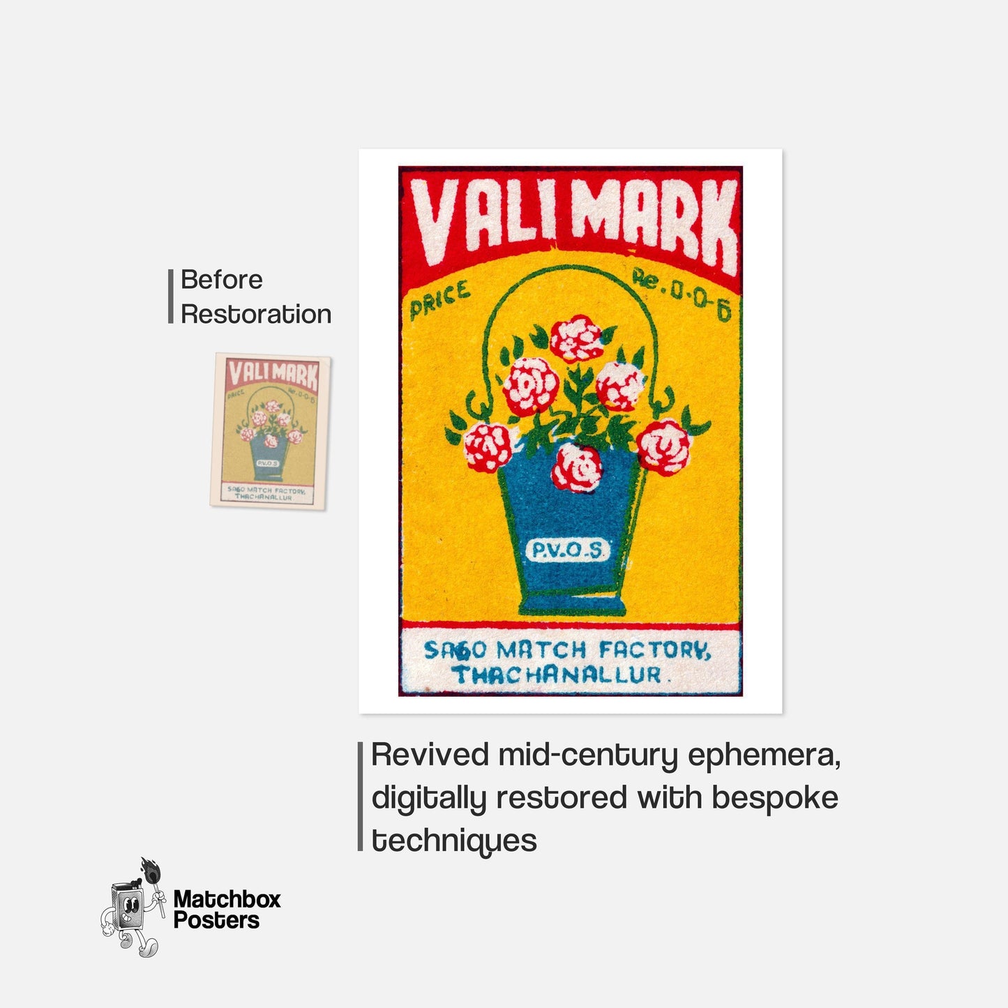 Basket of Flowers - vintage matchbox label print - framed wall art preview