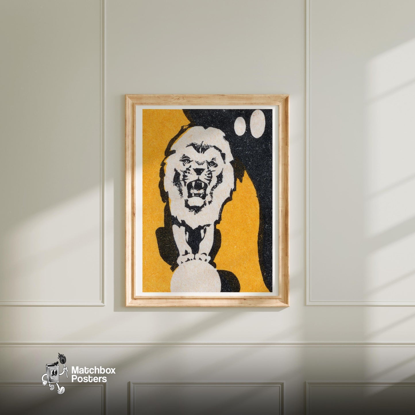 Roaring Lion - vintage matchbox label print - bedroom mockup