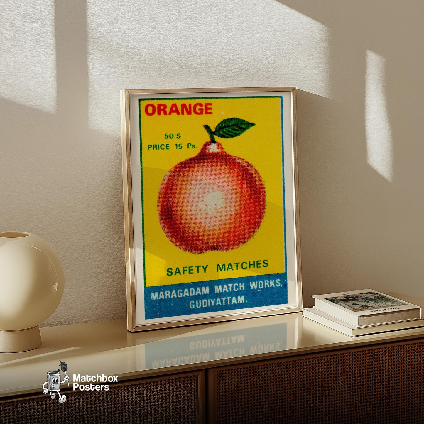 Orange with Leaf - vintage matchbox label print - size comparison