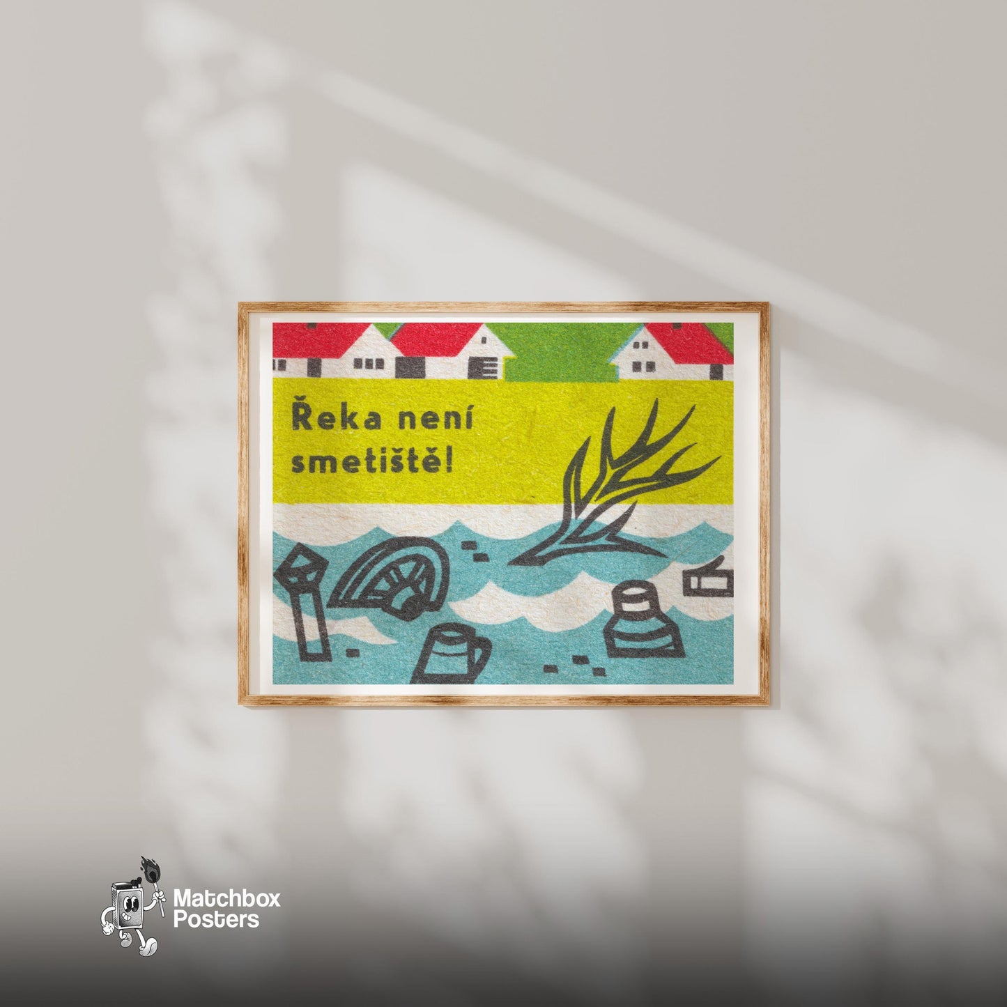 The River is Not a Dump - vintage matchbox label print - bedroom mockup