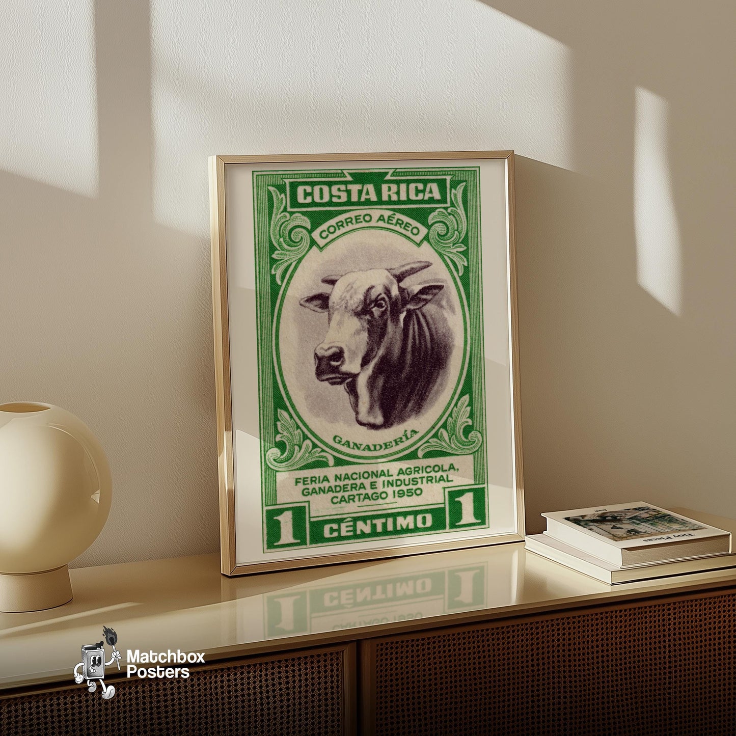 Horned Cow - vintage matchbox label print - size comparison