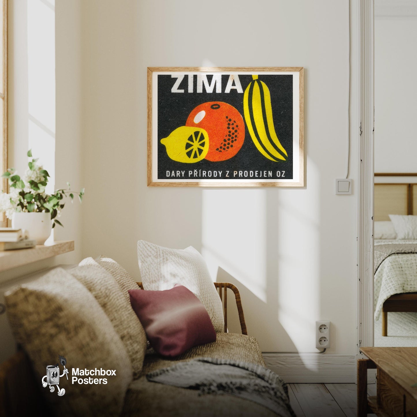 Lemon Orange Banana - vintage matchbox label print - living room mockup