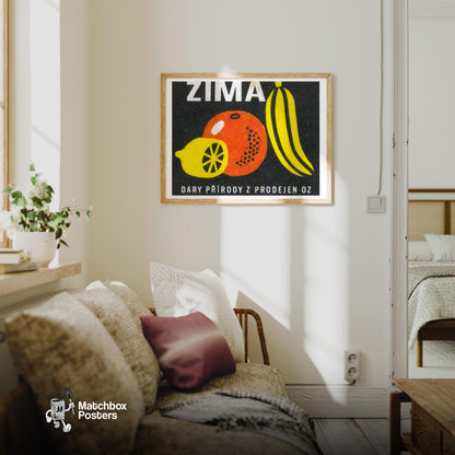 Lemon Orange Banana - vintage matchbox label print - living room mockup