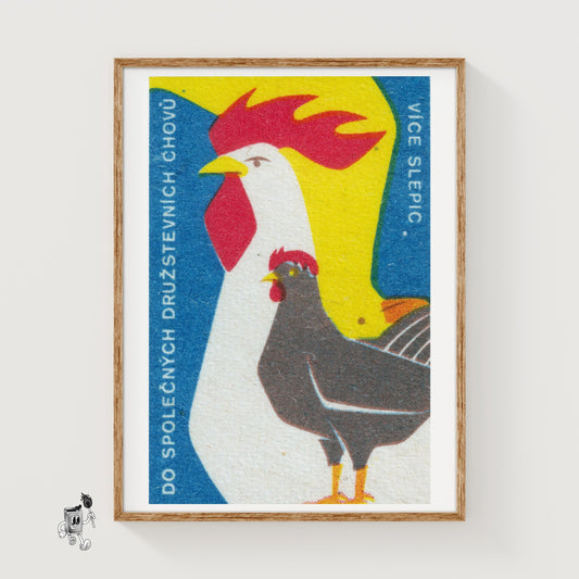 Rooster and Hen - vintage matchbox label print