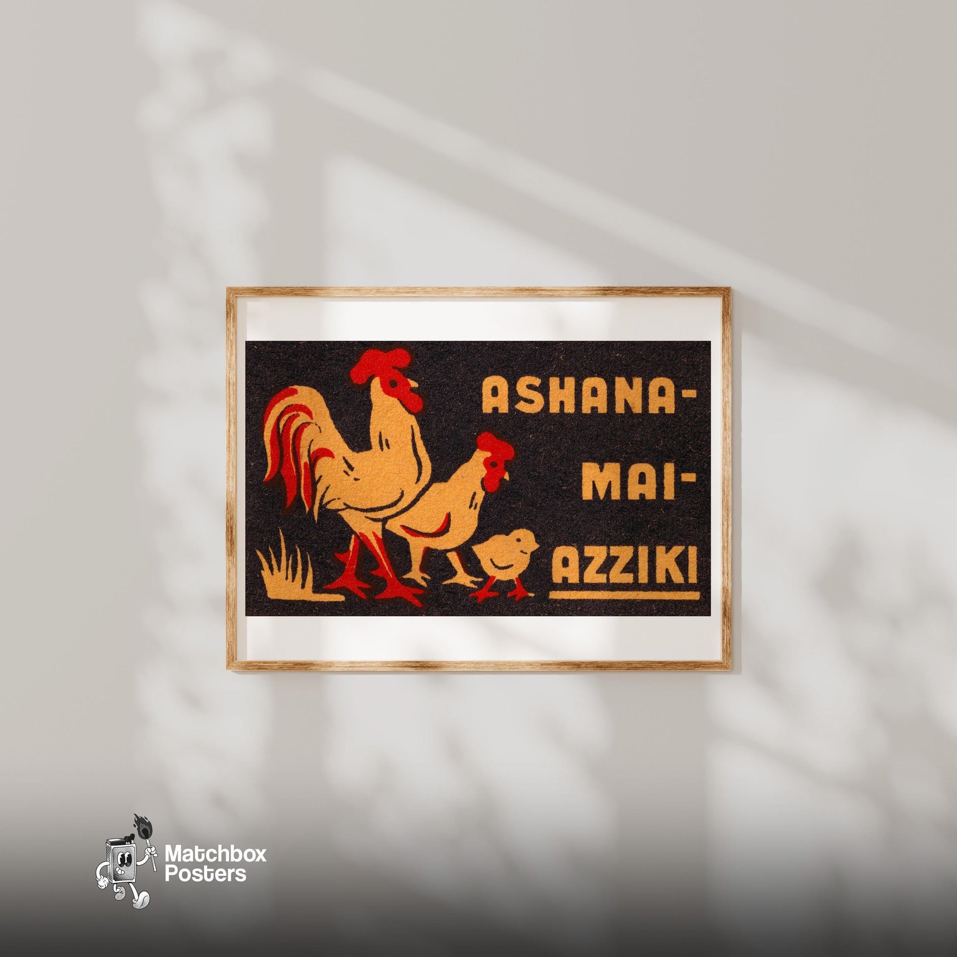 Three Chickens - vintage matchbox label print - bedroom mockup