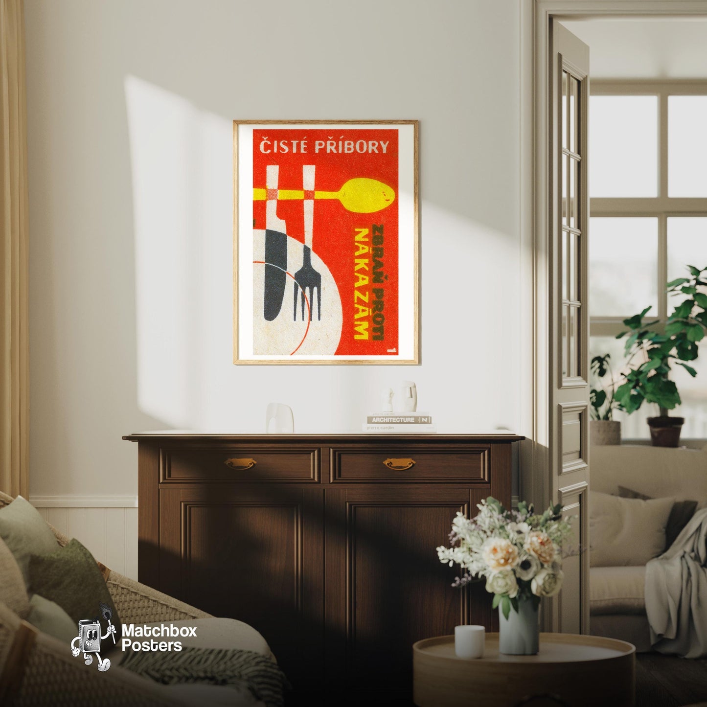 Cutlery - vintage matchbox label print - living room mockup