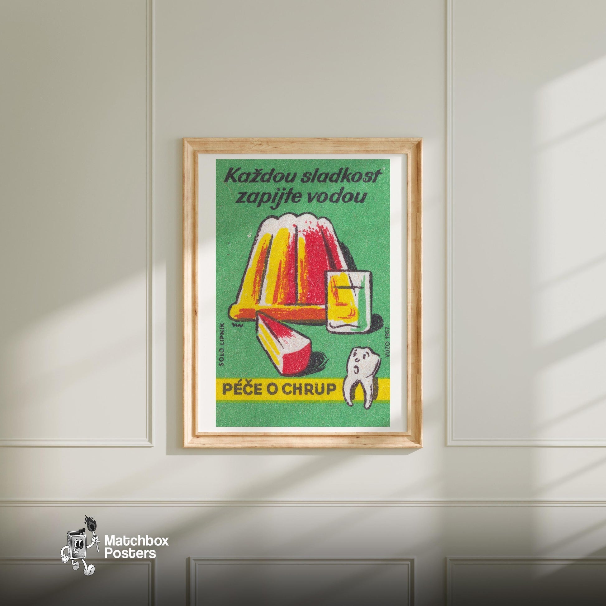 Wash Down Sweets With Water - vintage matchbox label print - bedroom mockup