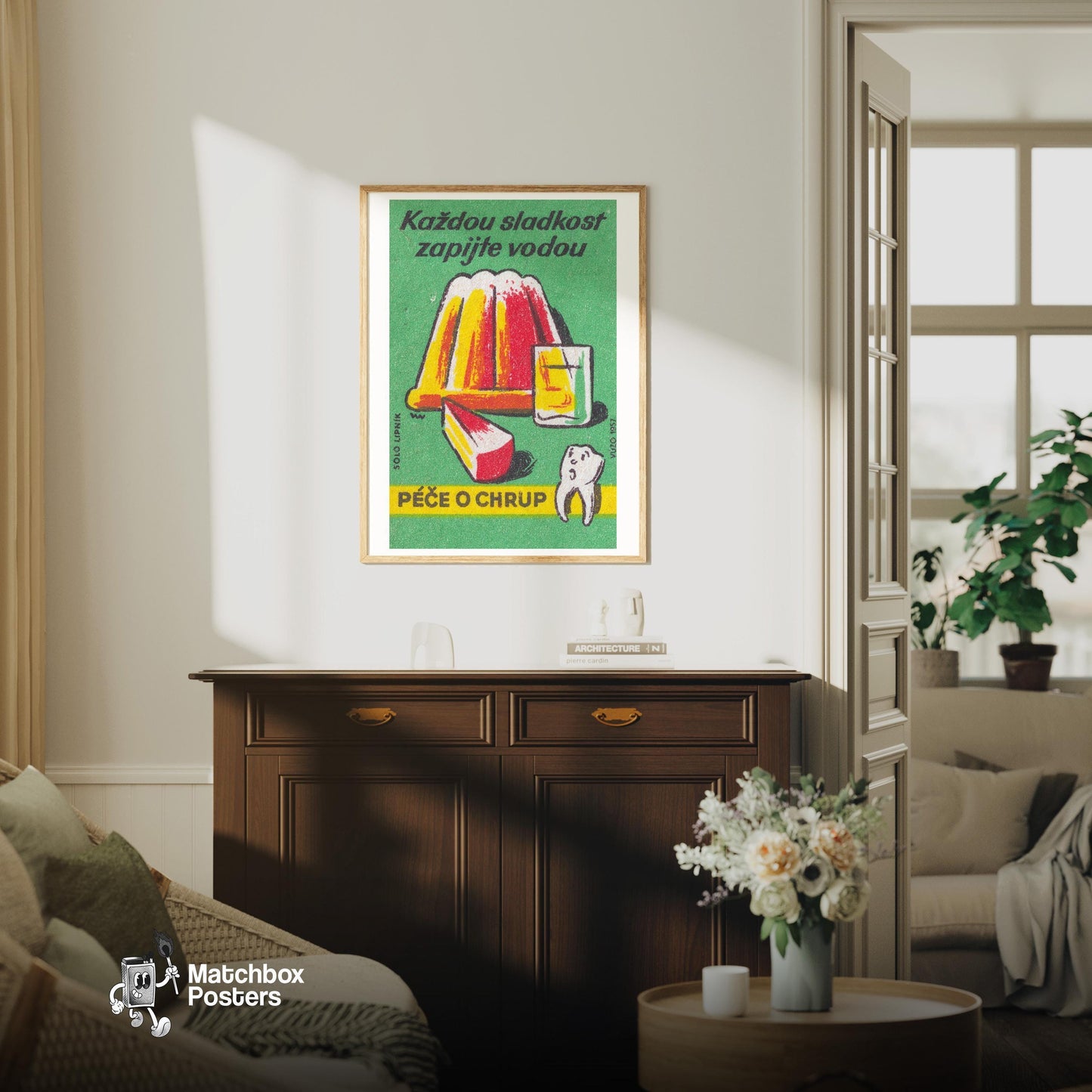 Wash Down Sweets With Water - vintage matchbox label print - living room mockup