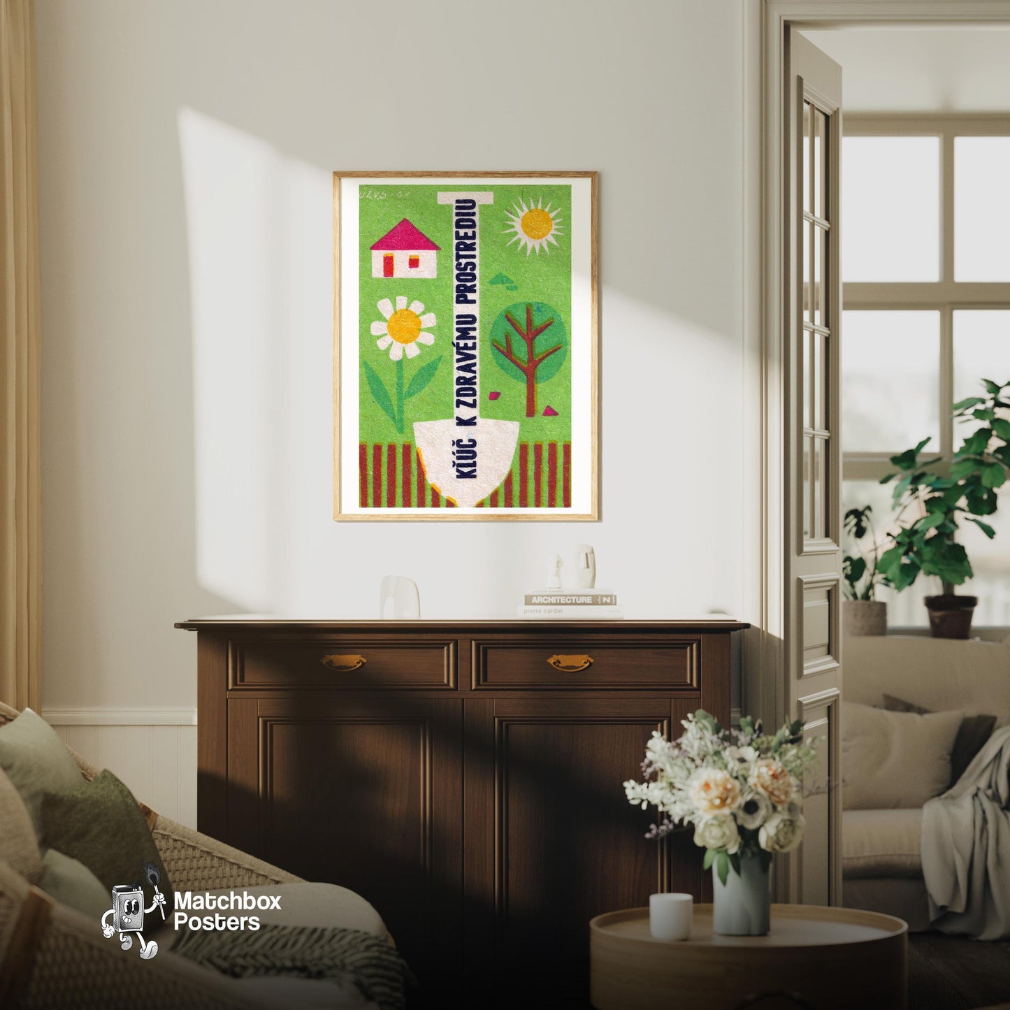Healthy Environment - vintage matchbox label print - living room mockup