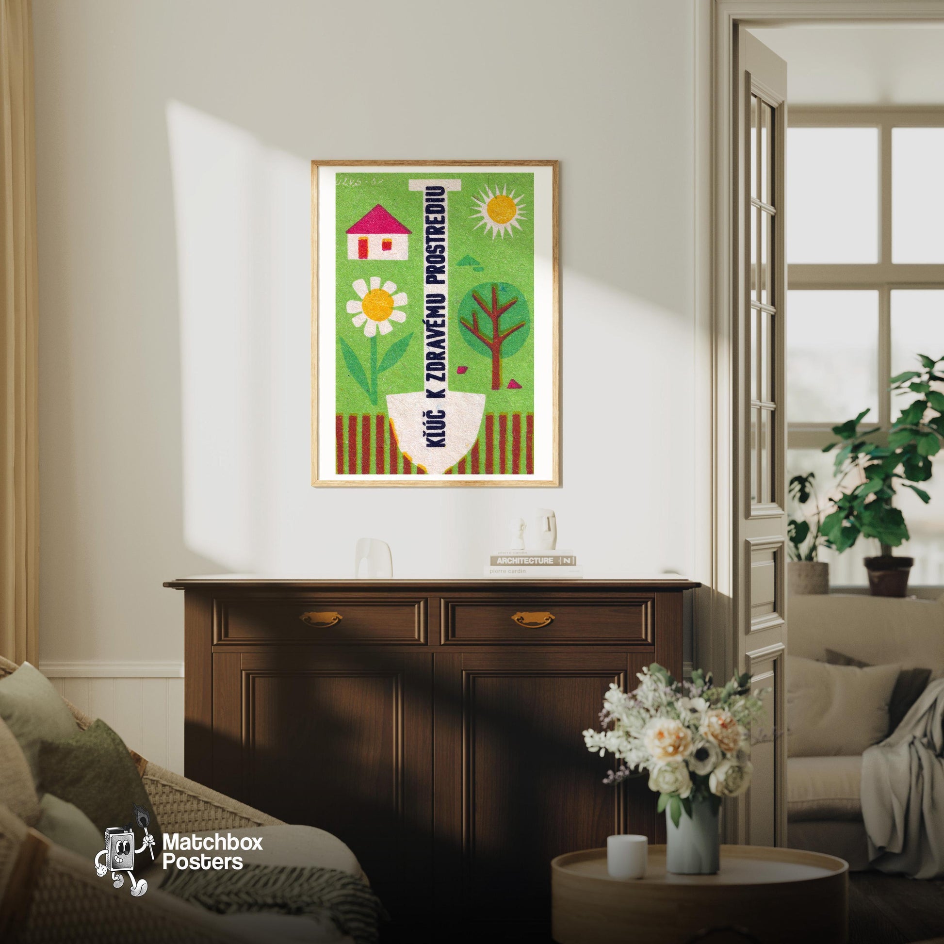 Healthy Environment - vintage matchbox label print - living room mockup