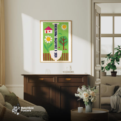 Healthy Environment - vintage matchbox label print - living room mockup