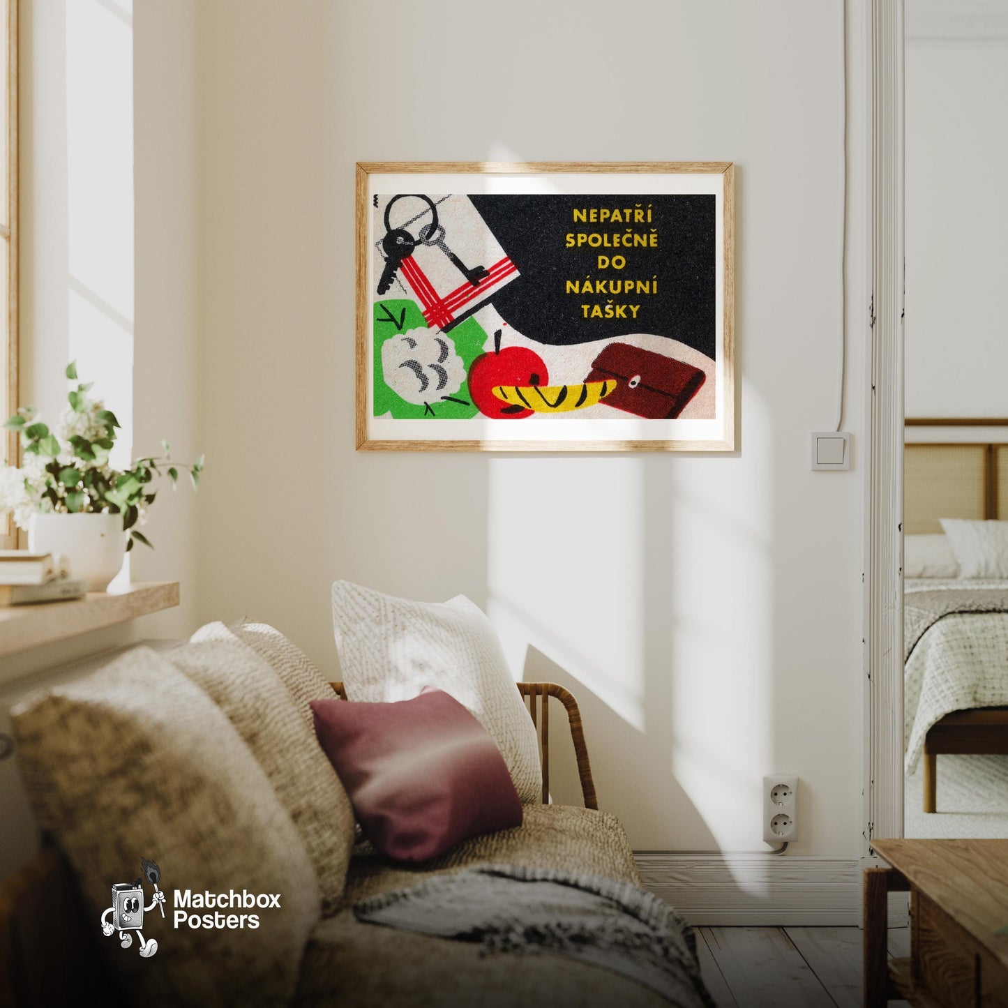 Keys and Groceries - vintage matchbox label print - living room mockup