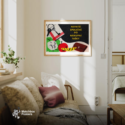 Keys and Groceries - vintage matchbox label print - living room mockup