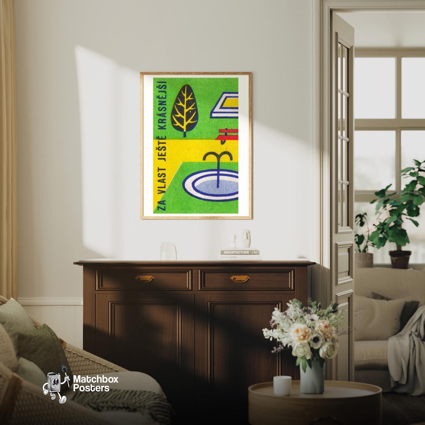 Stylized Tree - vintage matchbox label print - living room mockup