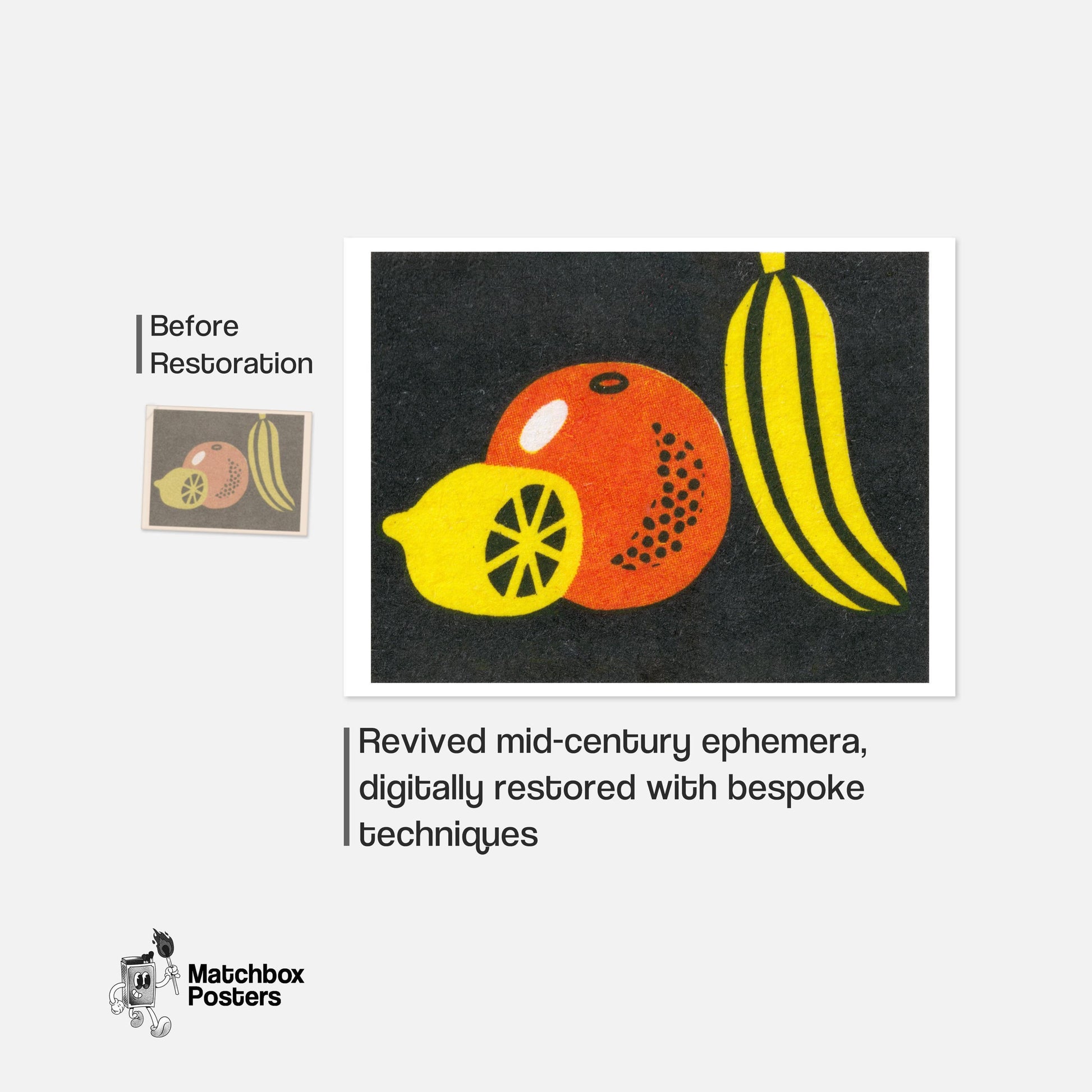 Lemon Orange Banana - vintage matchbox label print - framed wall art preview