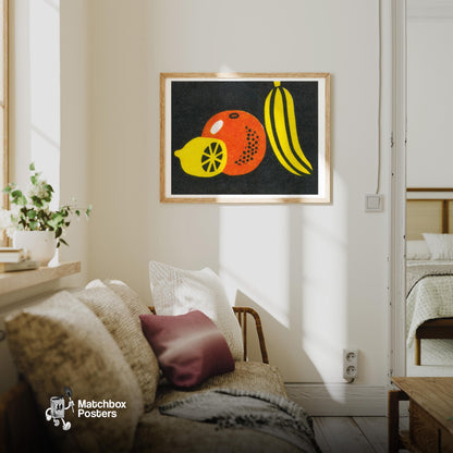 Lemon Orange Banana - vintage matchbox label print - living room mockup