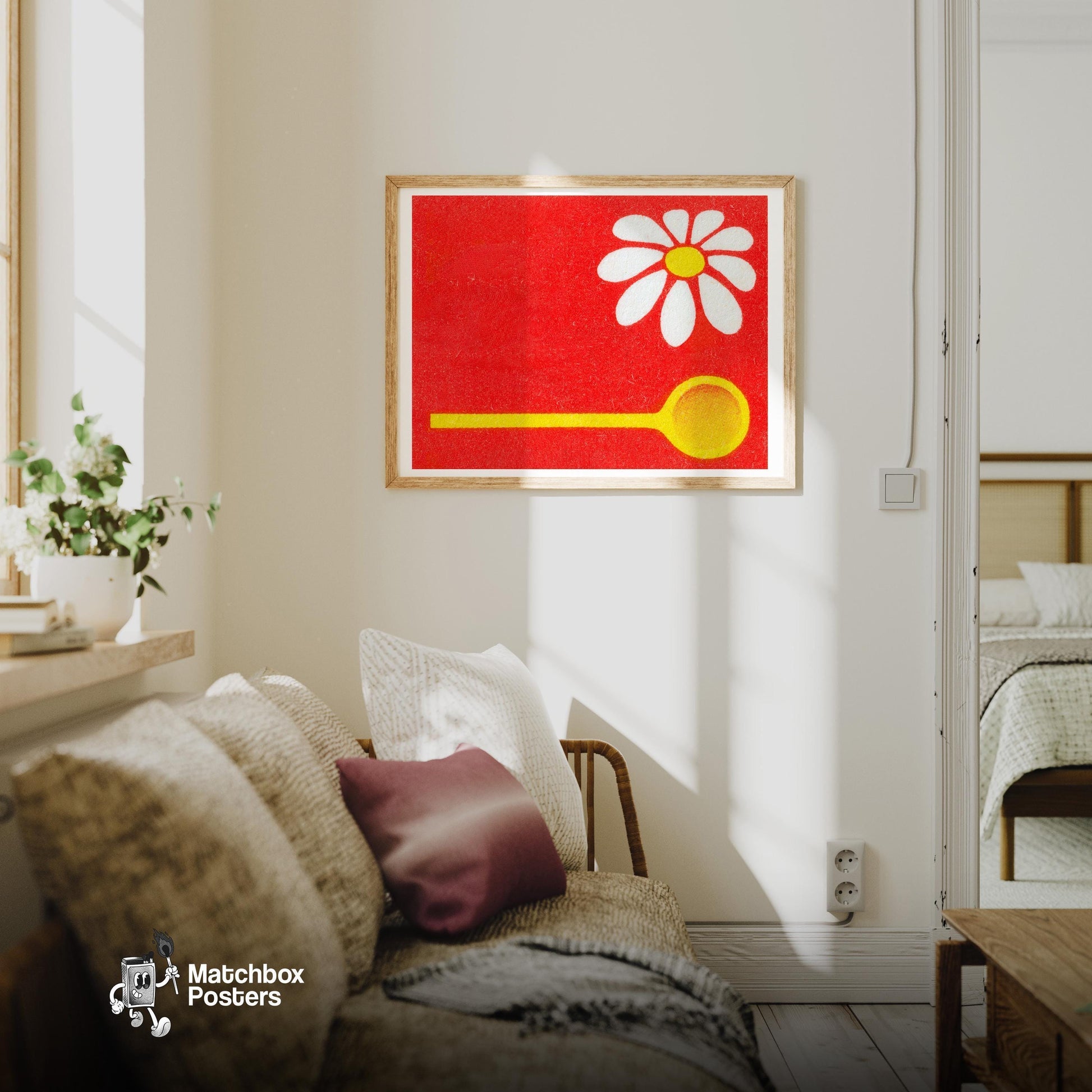 White Daisy - vintage matchbox label print - living room mockup