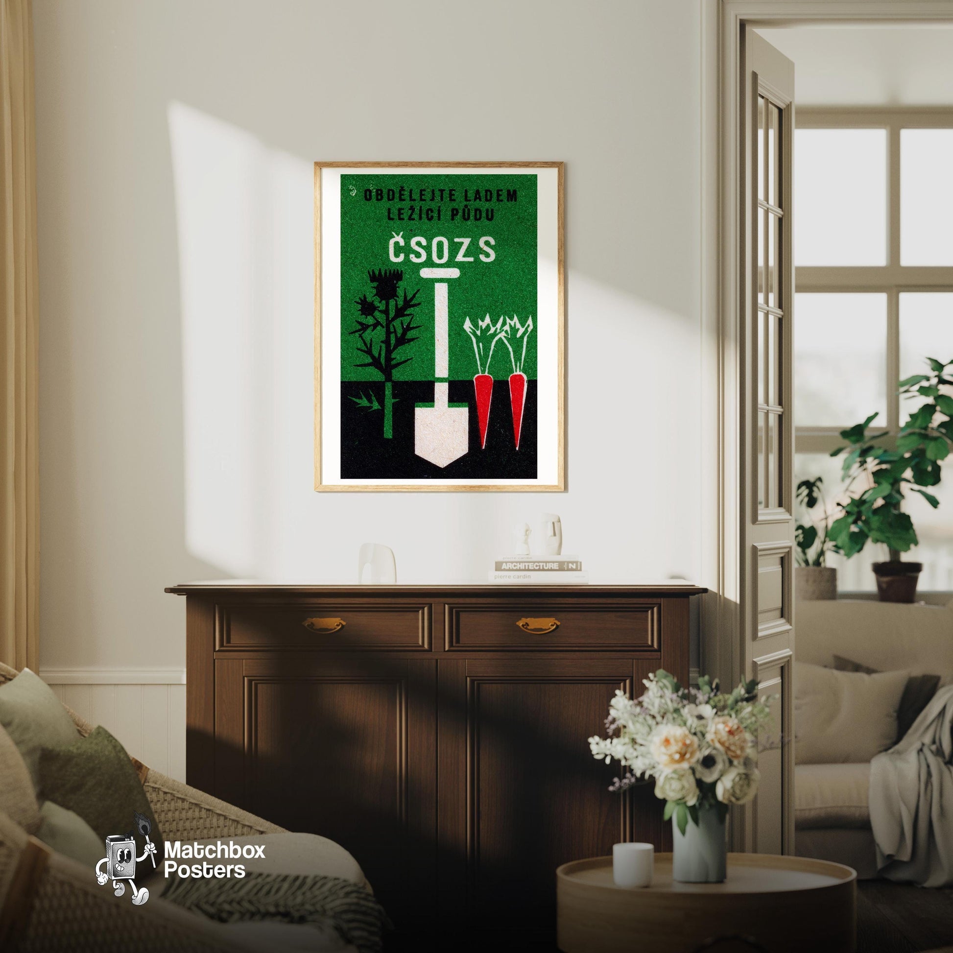 Gardening Shovel - vintage matchbox label print - living room mockup