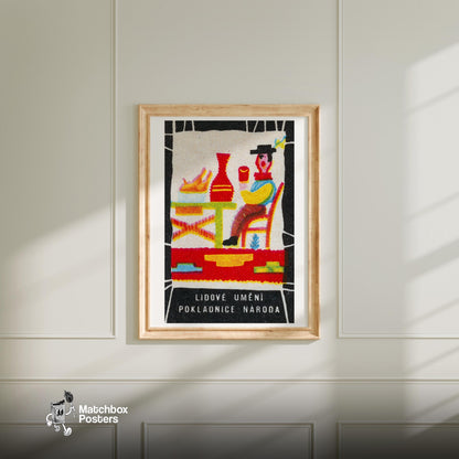 Stylized Folk Art Figure - vintage matchbox label print - bedroom mockup