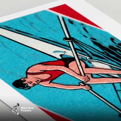 Rowing Man - vintage matchbox label print - close-up detail