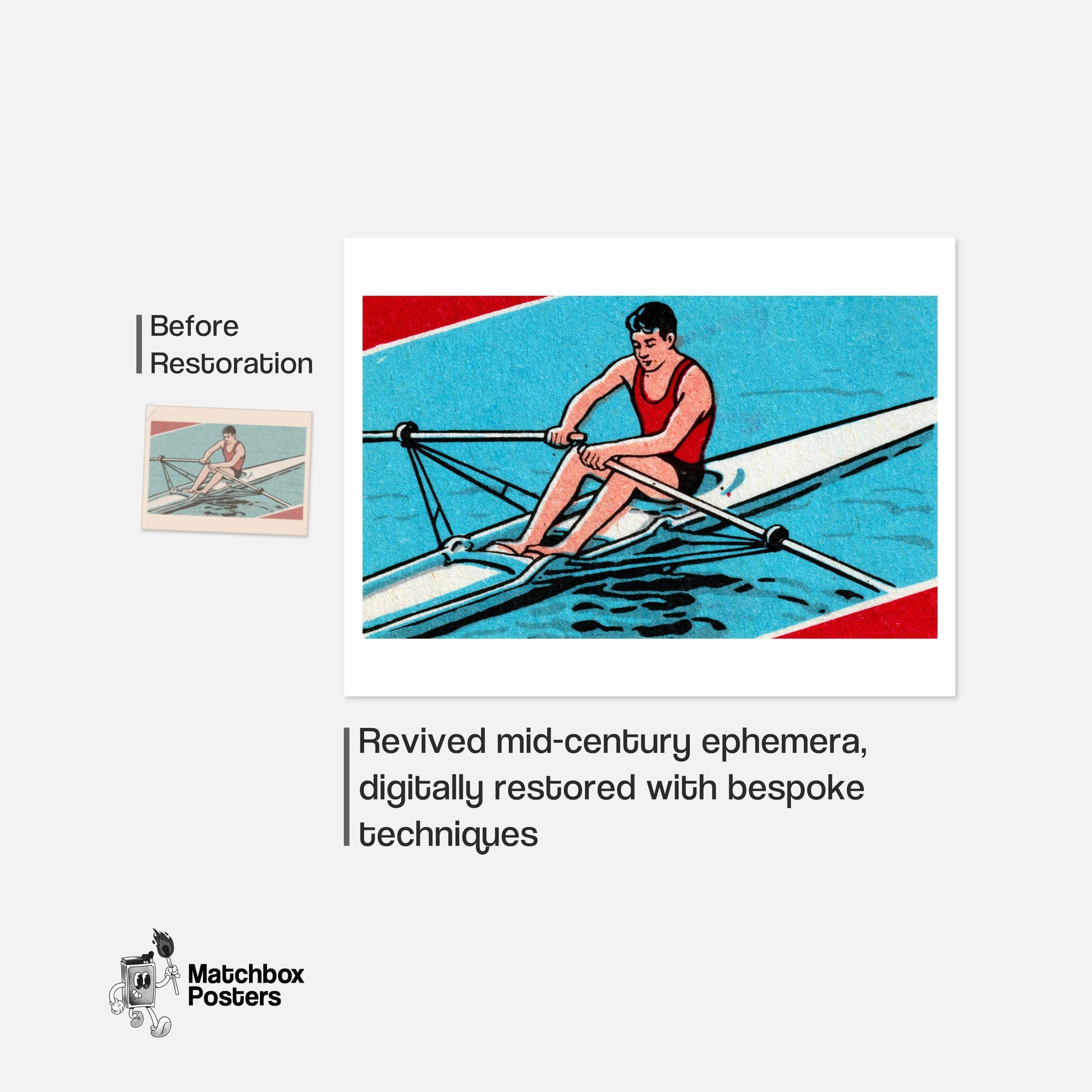 Rowing Man - vintage matchbox label print - framed wall art preview