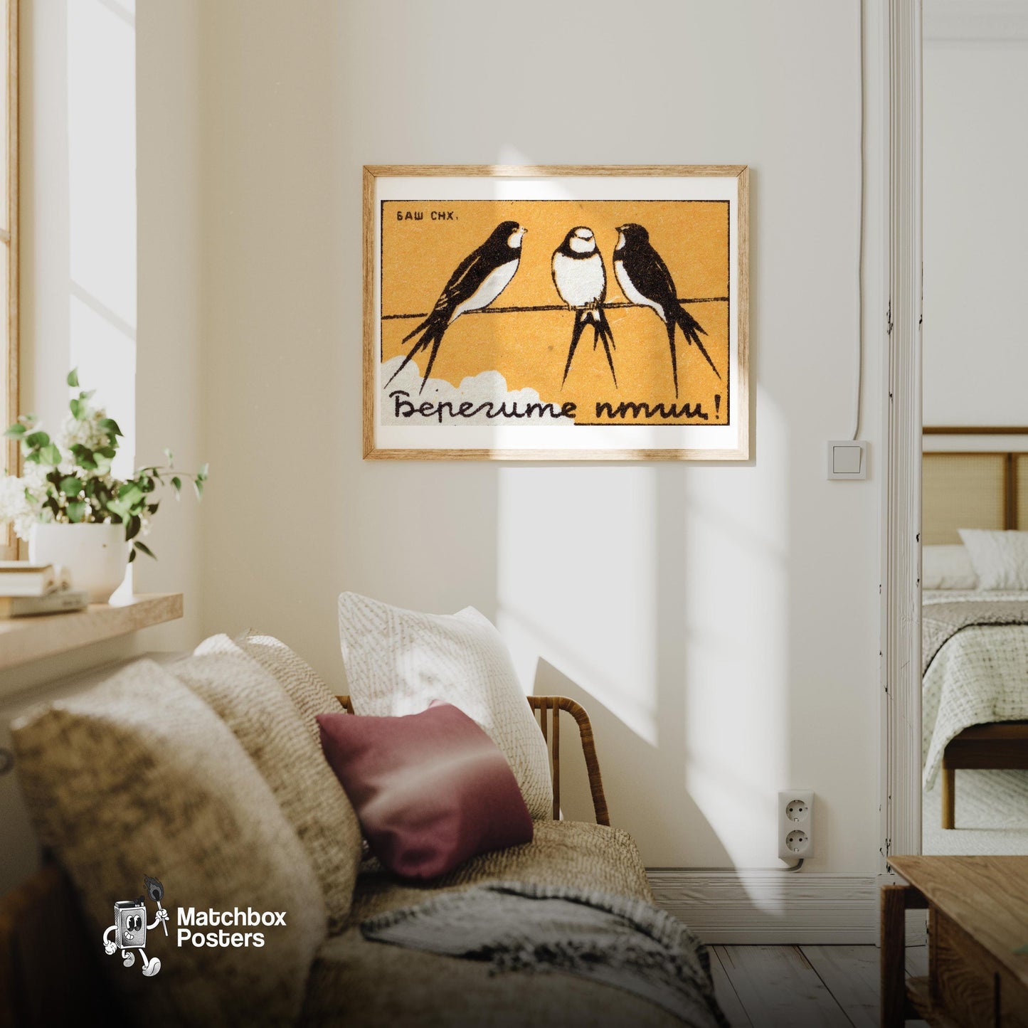 Three Swallows - vintage matchbox label print - living room mockup