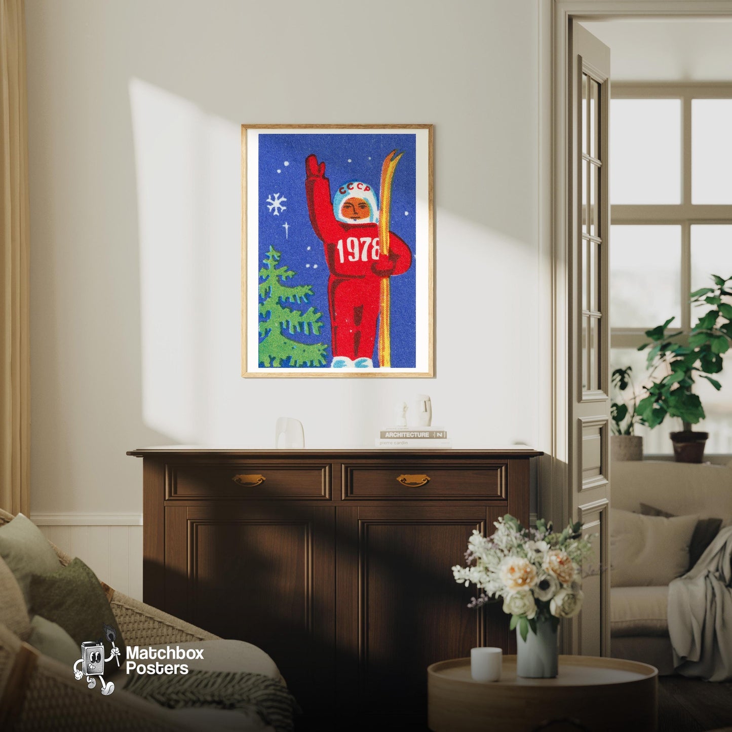 Soviet Skier - vintage matchbox label print - living room mockup