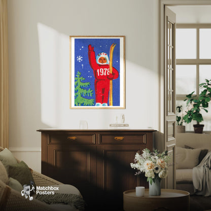 Soviet Skier - vintage matchbox label print - living room mockup