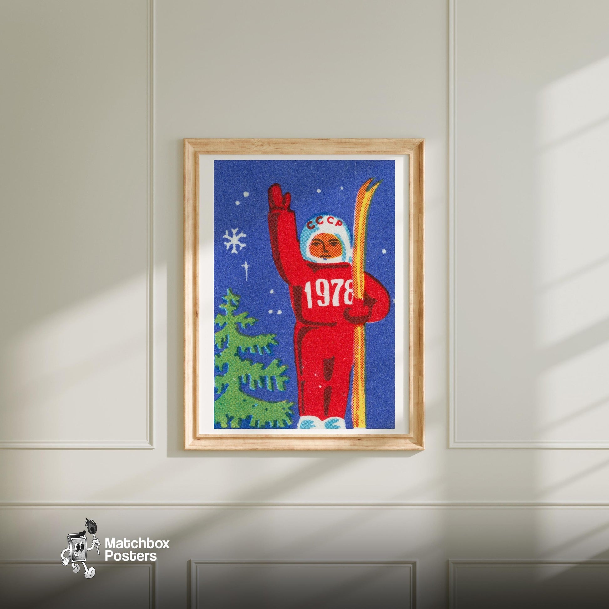 Soviet Skier - vintage matchbox label print - bedroom mockup