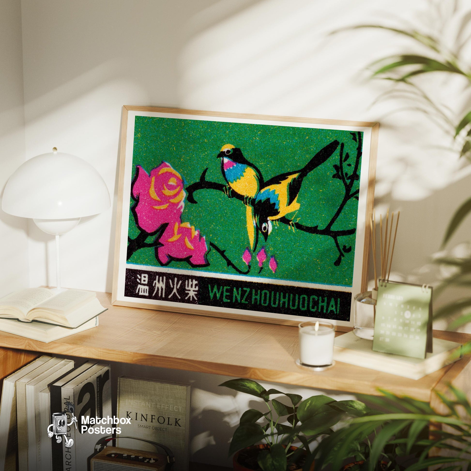 Two Colorful Birds - vintage matchbox label print - office wall