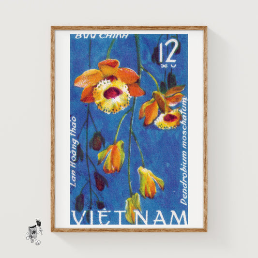 Orange Flowers Postage Stamp Print - vintage matchbox label print