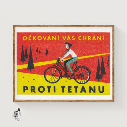 Cyclist in Forest - vintage matchbox label print