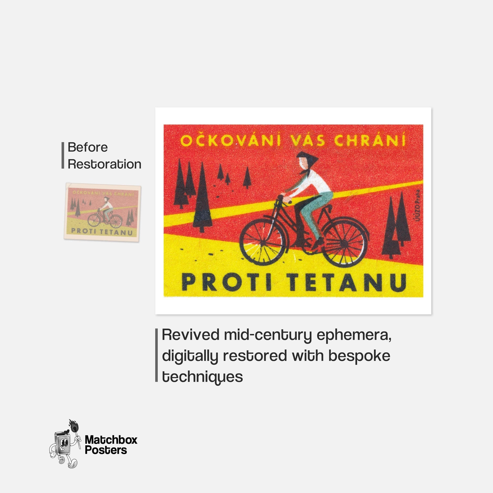 Cyclist in Forest - vintage matchbox label print - framed wall art preview