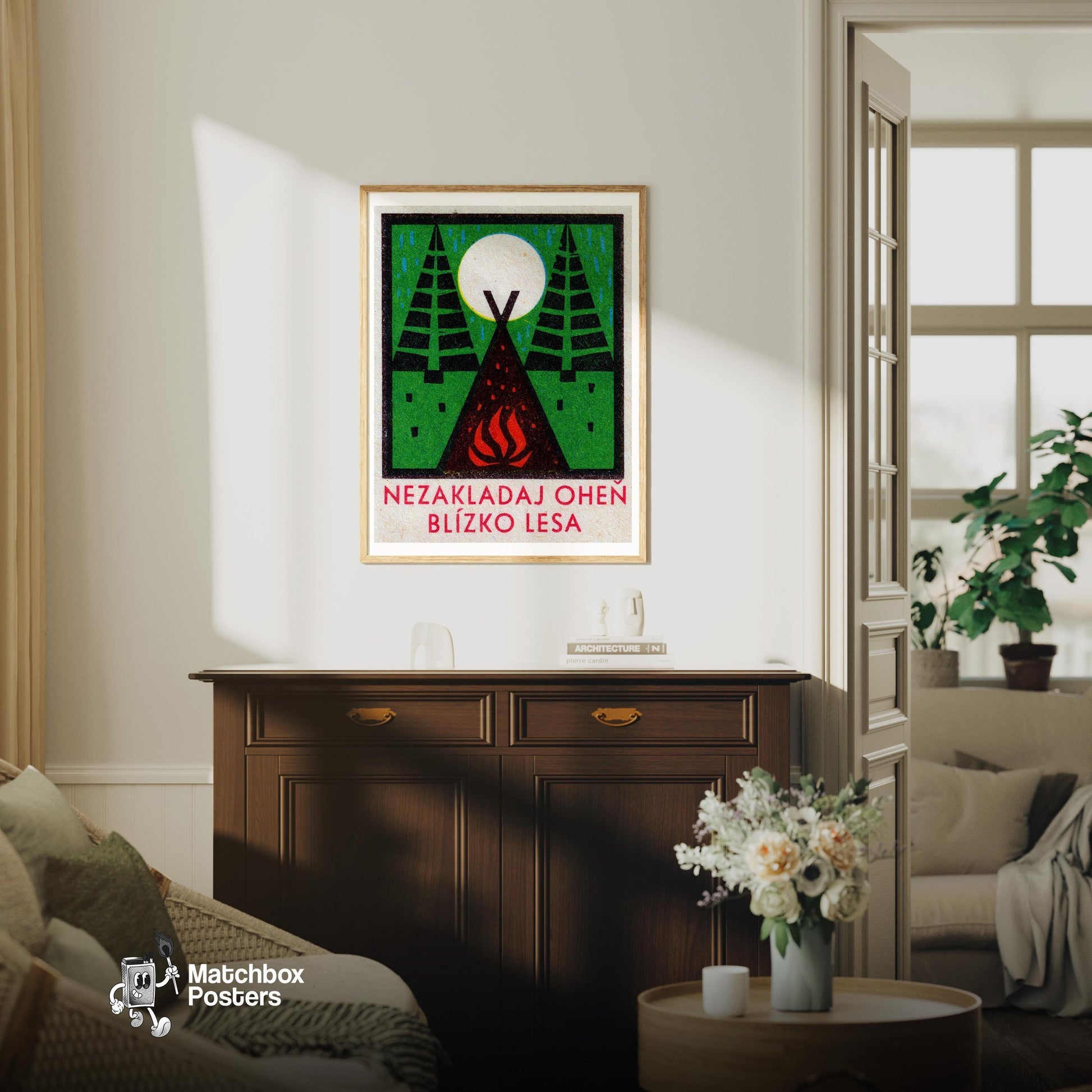 Camping in the Rain - vintage matchbox label print - living room mockup