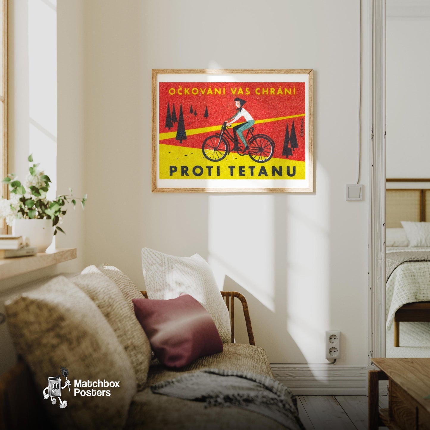Cyclist in Forest - vintage matchbox label print - living room mockup