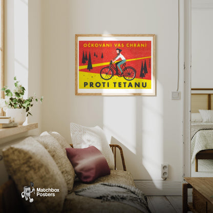 Cyclist in Forest - vintage matchbox label print - living room mockup