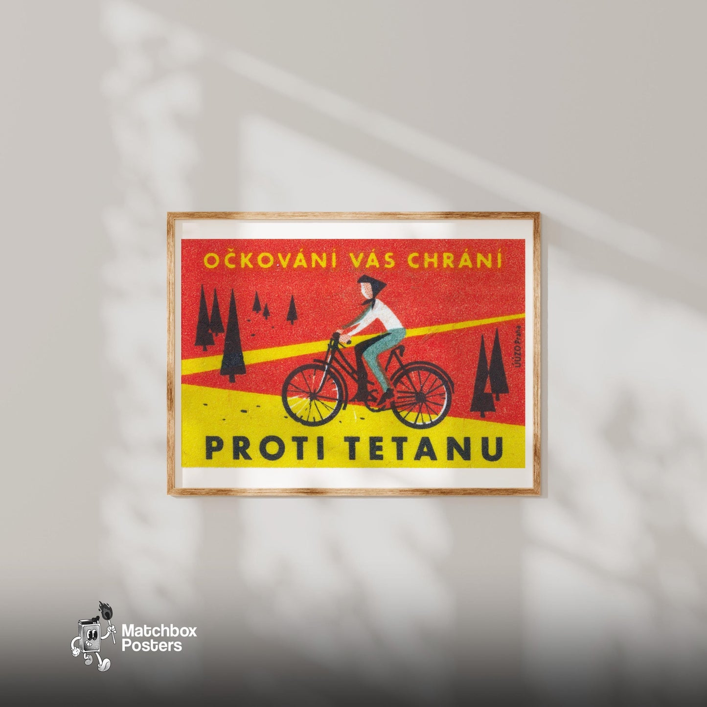 Cyclist in Forest - vintage matchbox label print - bedroom mockup
