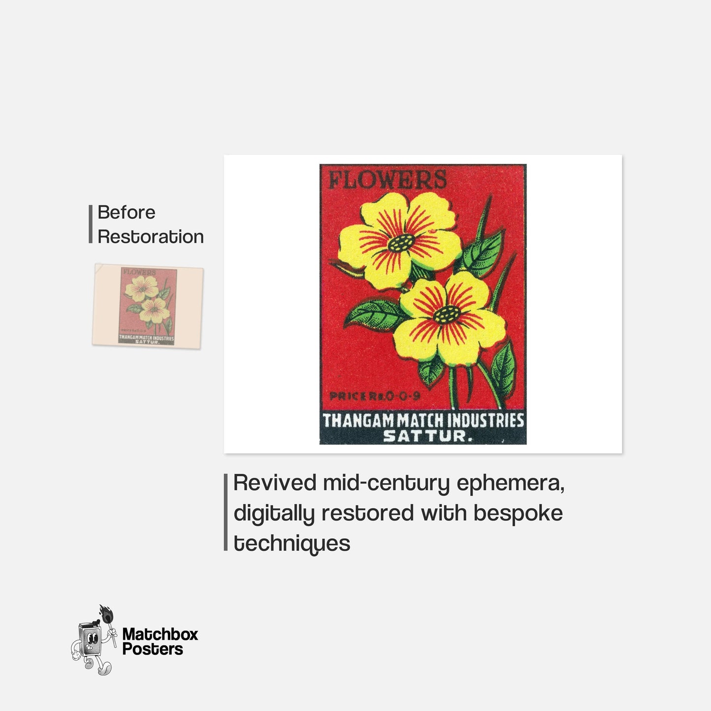 Yellow Flowers - vintage matchbox label print - framed wall art preview