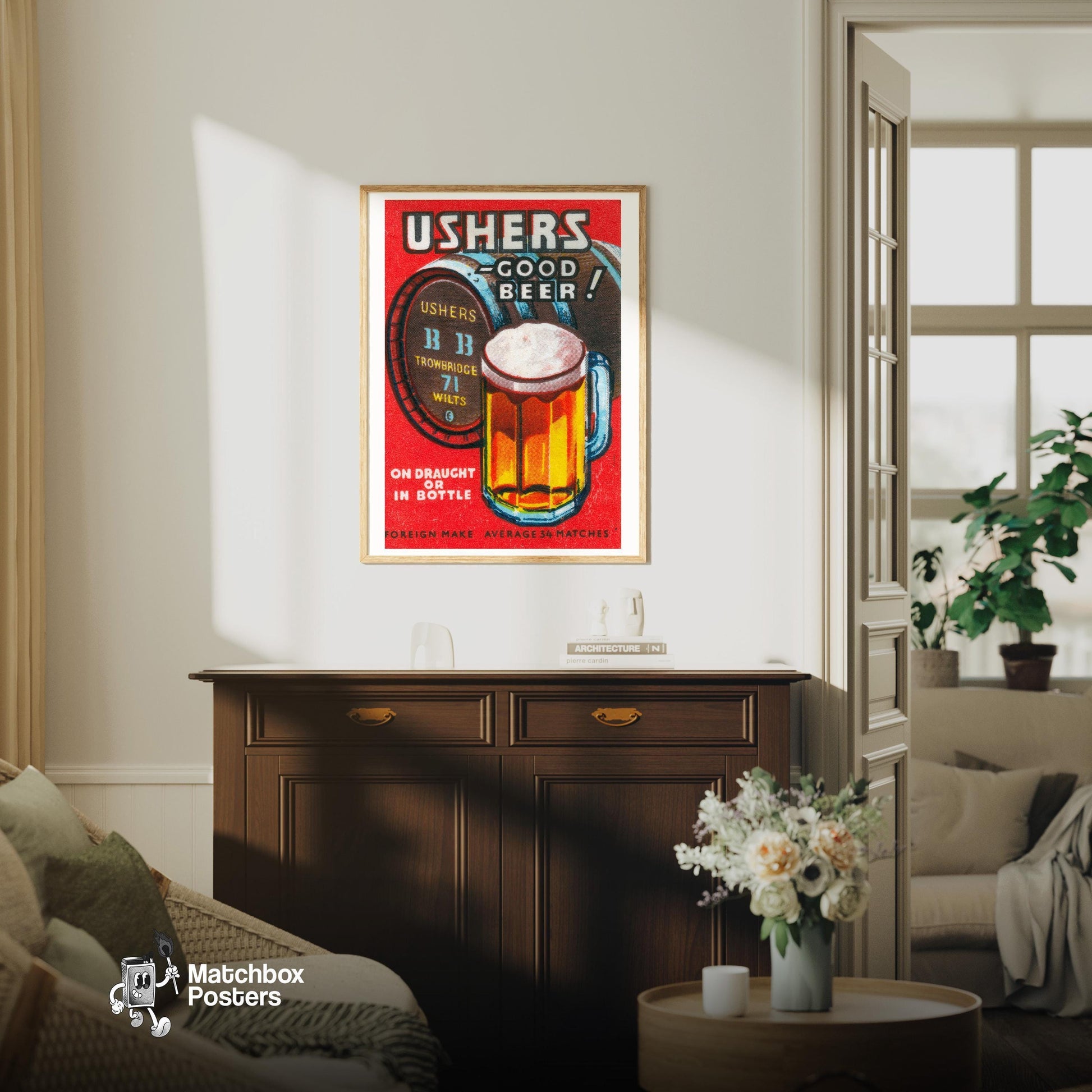 Beer Mug - vintage matchbox label print - living room mockup