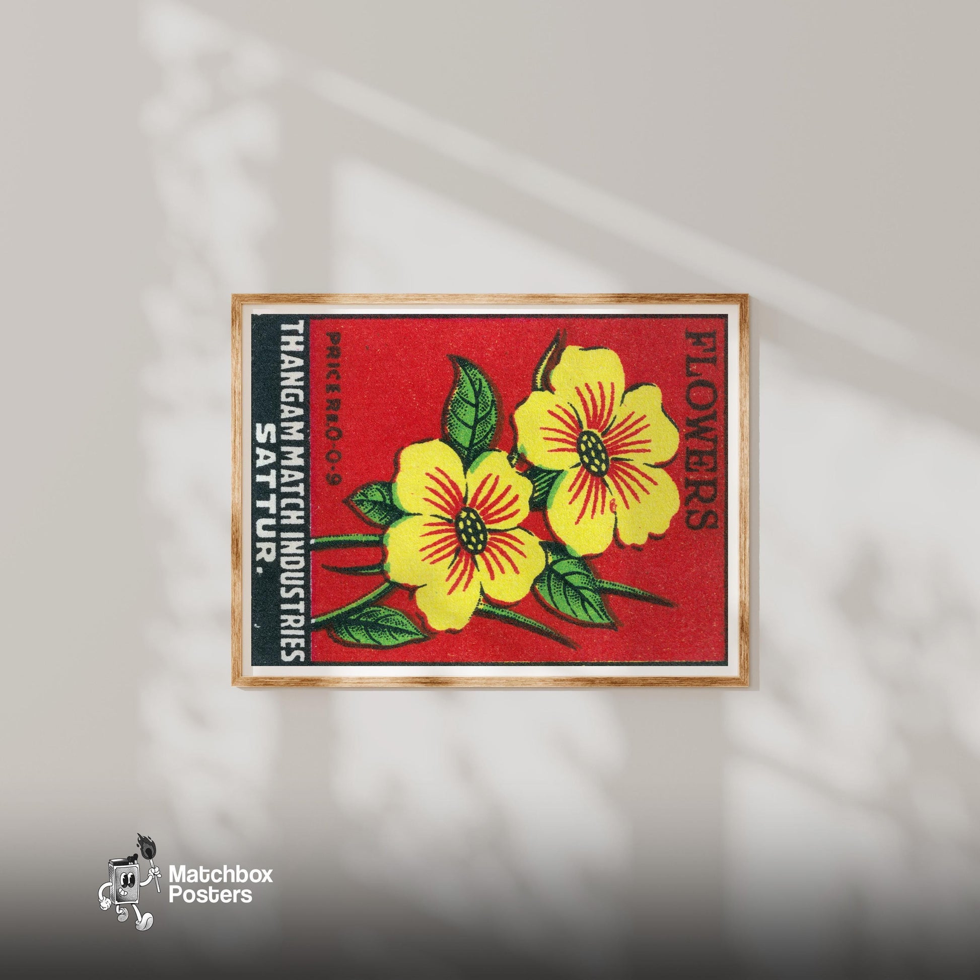 Yellow Flowers - vintage matchbox label print - bedroom mockup