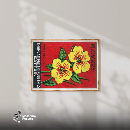 Yellow Flowers - vintage matchbox label print - bedroom mockup