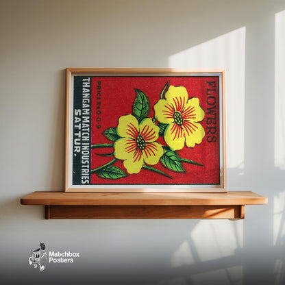 Yellow Flowers - vintage matchbox label print - size comparison