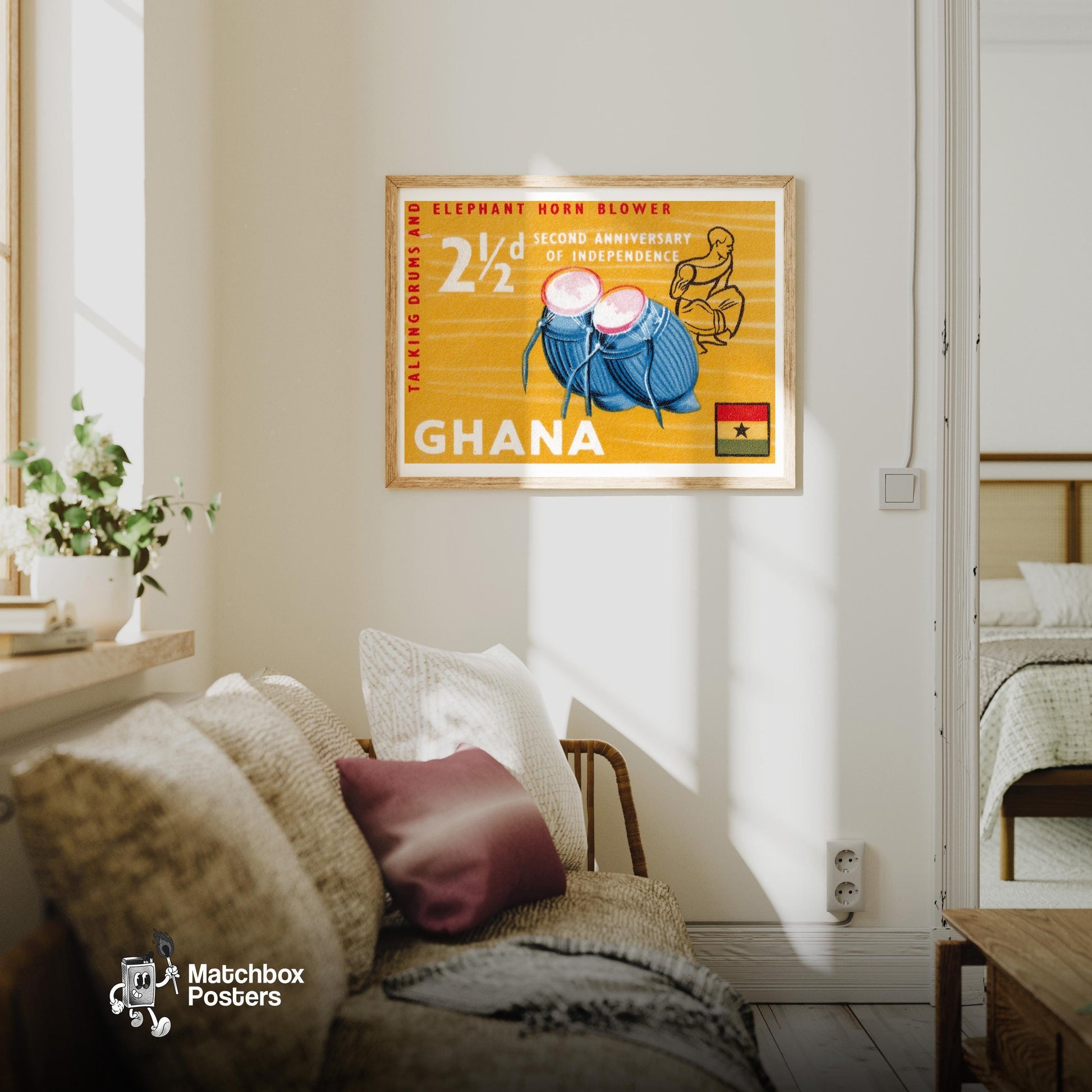 African Drums Print - vintage matchbox label print - living room mockup