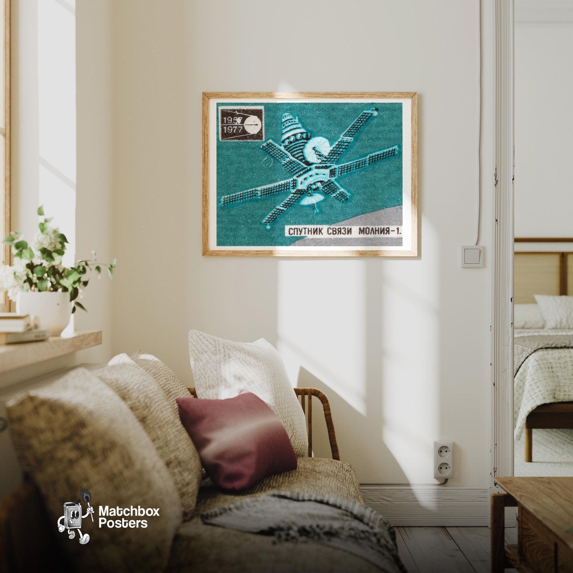 Molniya-1 Satellite - vintage matchbox label print - living room mockup
