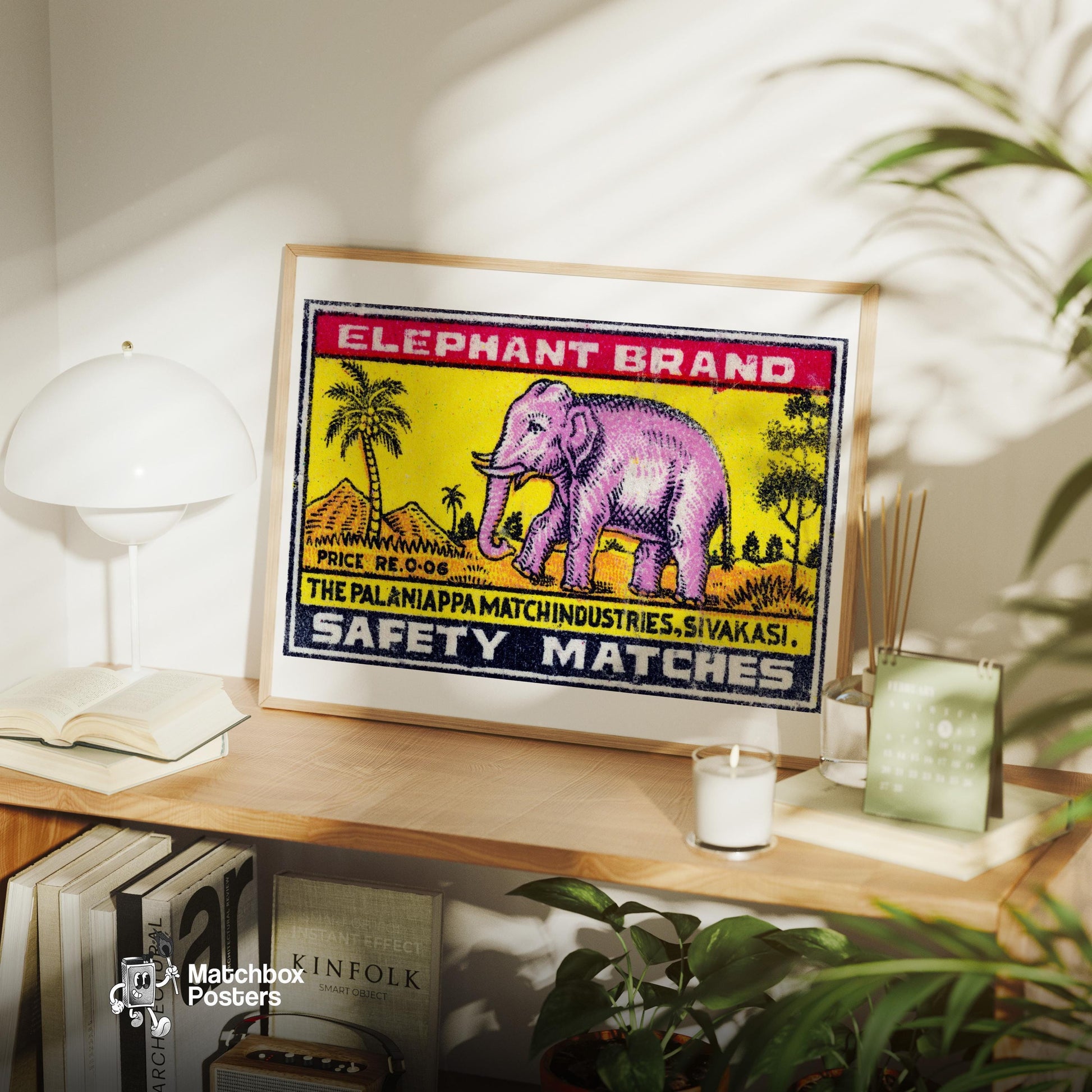 Pink Elephant - vintage matchbox label print - office wall