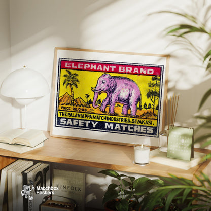 Pink Elephant - vintage matchbox label print - office wall