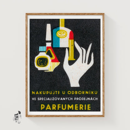 Stylized Hand Holding A Perfume Bottle - vintage matchbox label print
