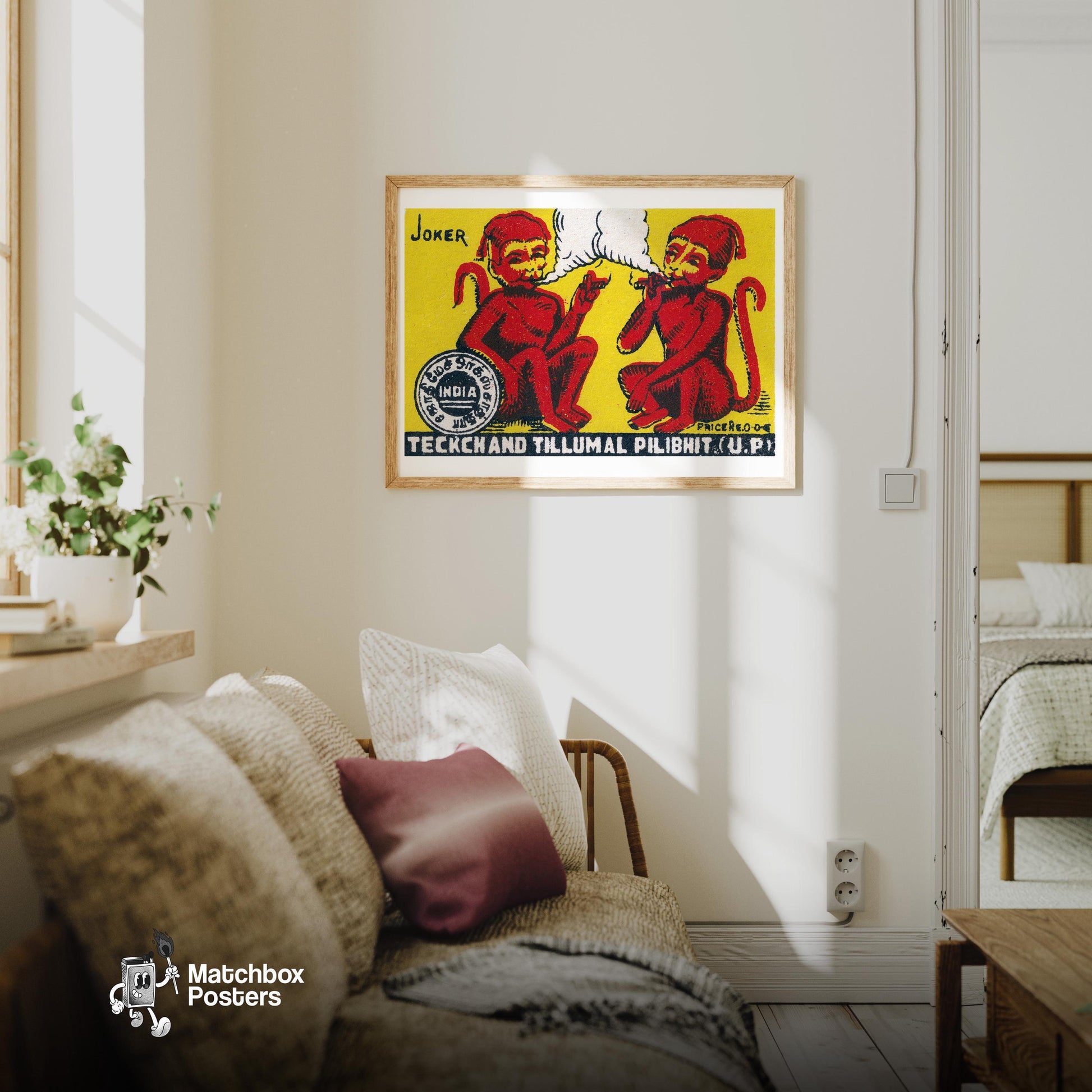 Smoking Monkeys - vintage matchbox label print - living room mockup